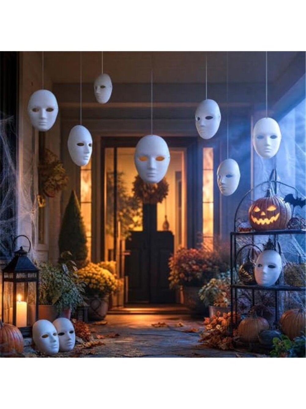 10 Pack Halloween Hanging Masks Paper Mache White Porch Decor